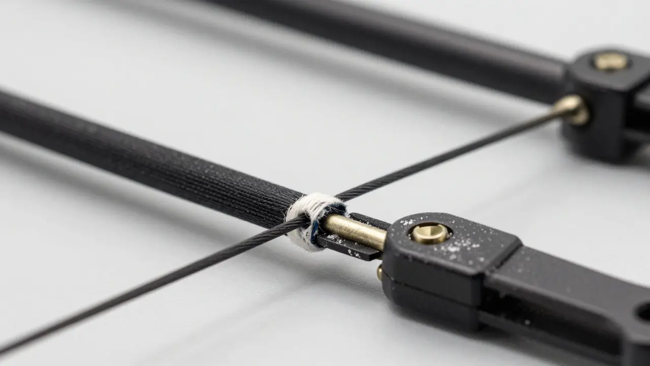 Macro view of worn kite bridle lines and control bar components showing friction damage and salt buildup