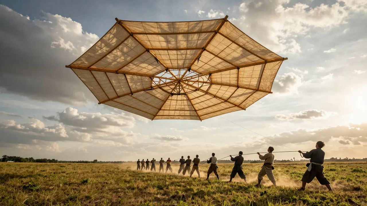 Men launching a large hexagonal Rokkaku kite in an open field at sunset