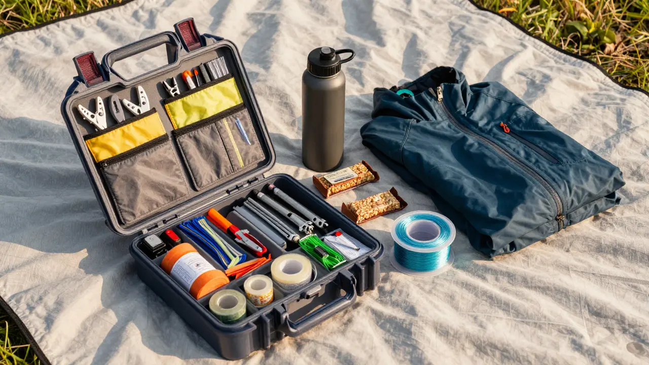 Organized kite gear kit with tools, spares, and food on a blanket