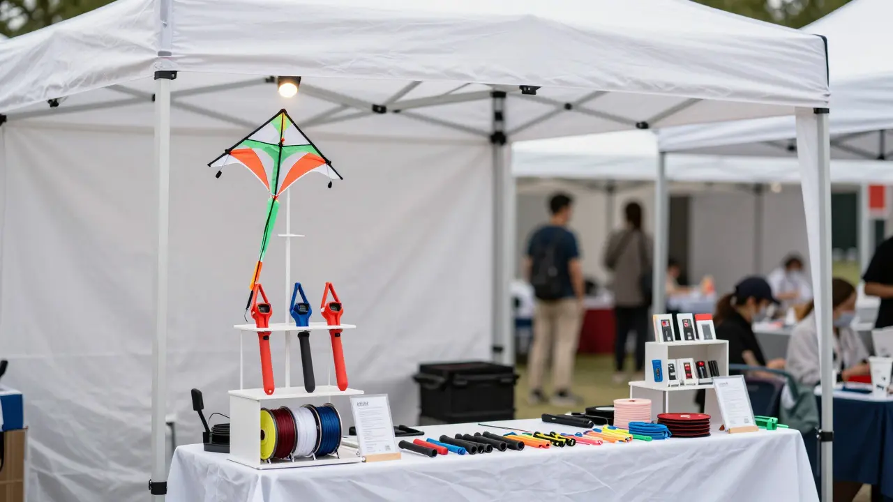Organized vendor booth with kites displayed on vertical racks under a canopy