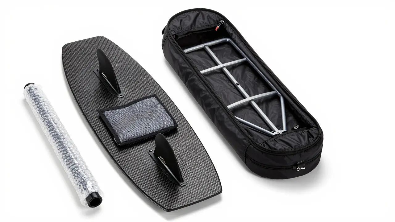 Packed kiteboarding gear including board, kite, and foil on white background