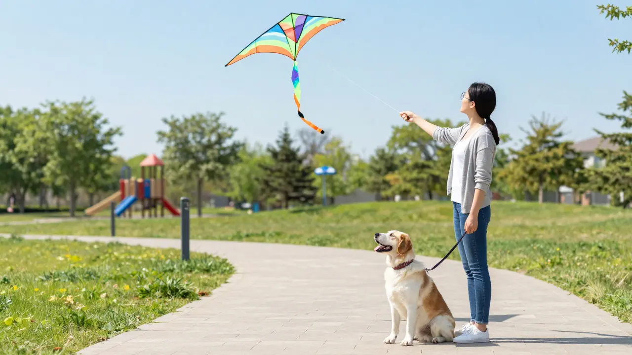 Person flying a kite while their leashed dog sits safely on the ground