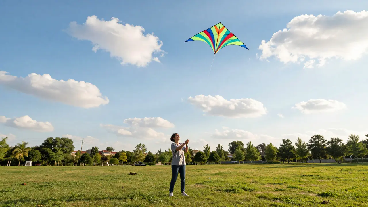 Person flying a kite with a white nylon line in a sunny open park
