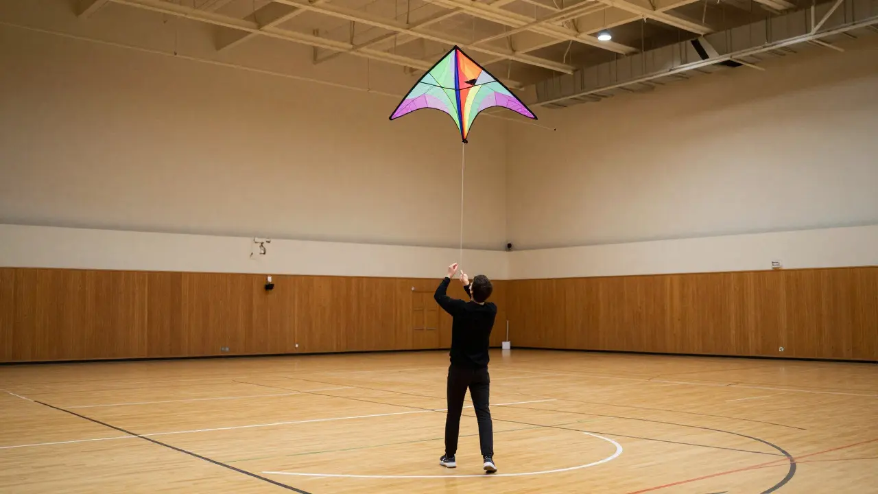 Person flying a small indoor kite in a gymnasium using gentle line pumps