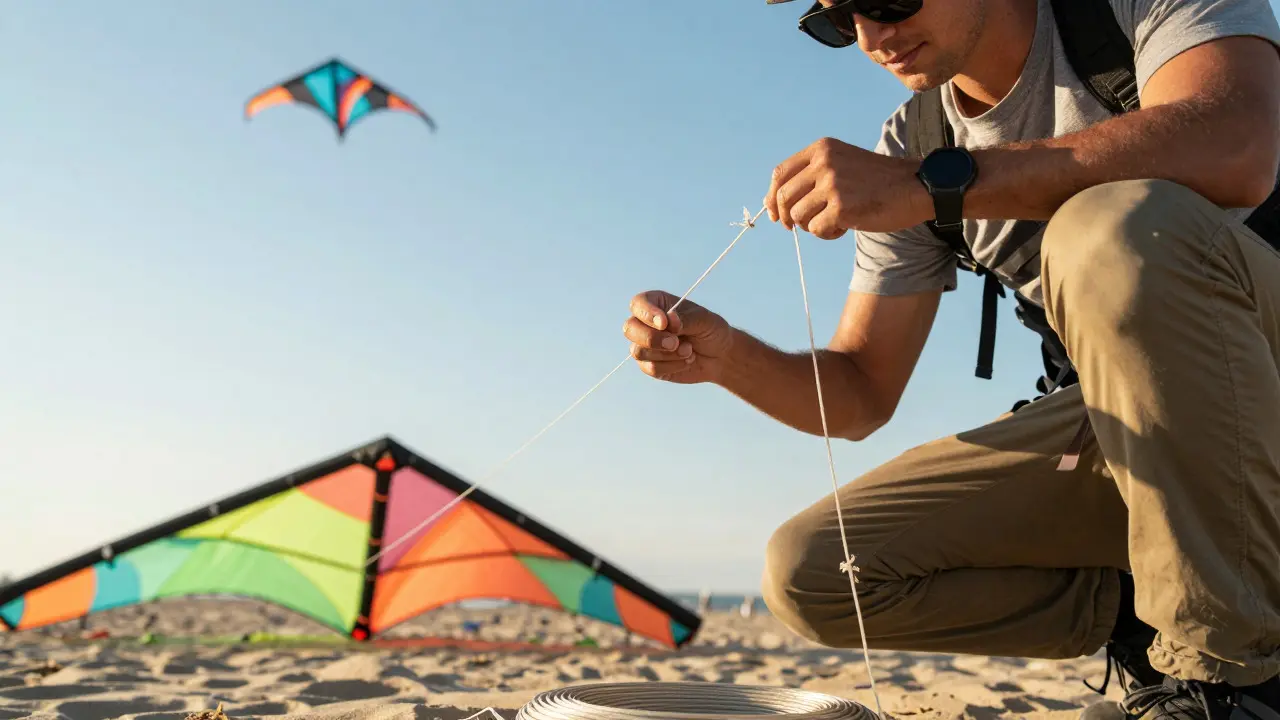 Person inspecting a kite line for damage before flying on a beach