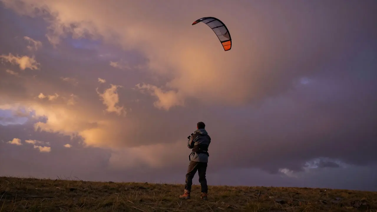 Person launching a power kite into a sunset sky wearing weather gear