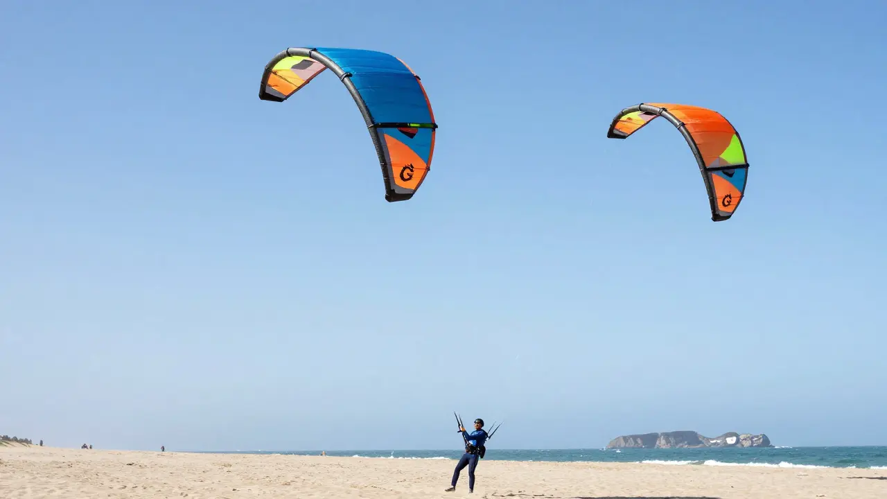 Pilot controlling two high-speed stunt kites over a coastal beach