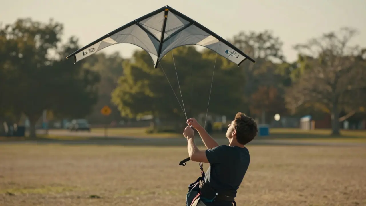 Pilot gently guiding a stunt kite downward during the recovery phase