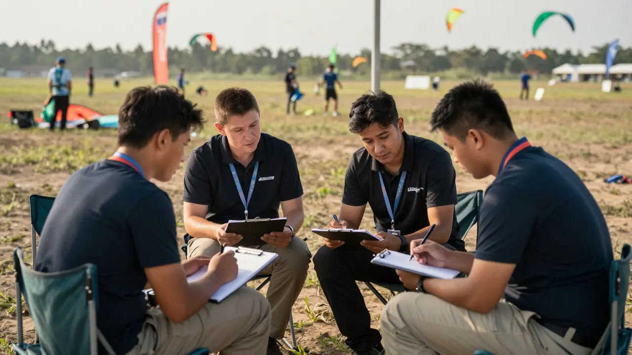 Pilot receiving feedback from judges during a post-flight review session