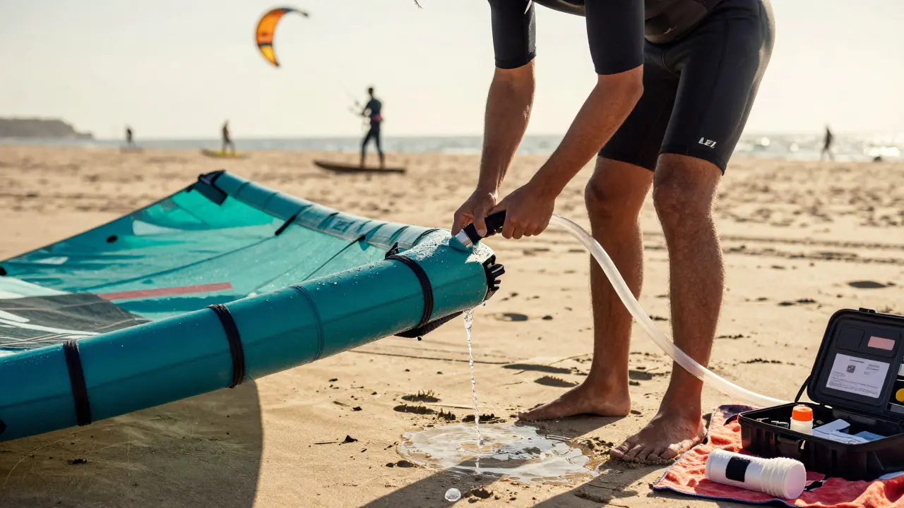 Rider rinsing a teal LEI kite with fresh water on the beach
