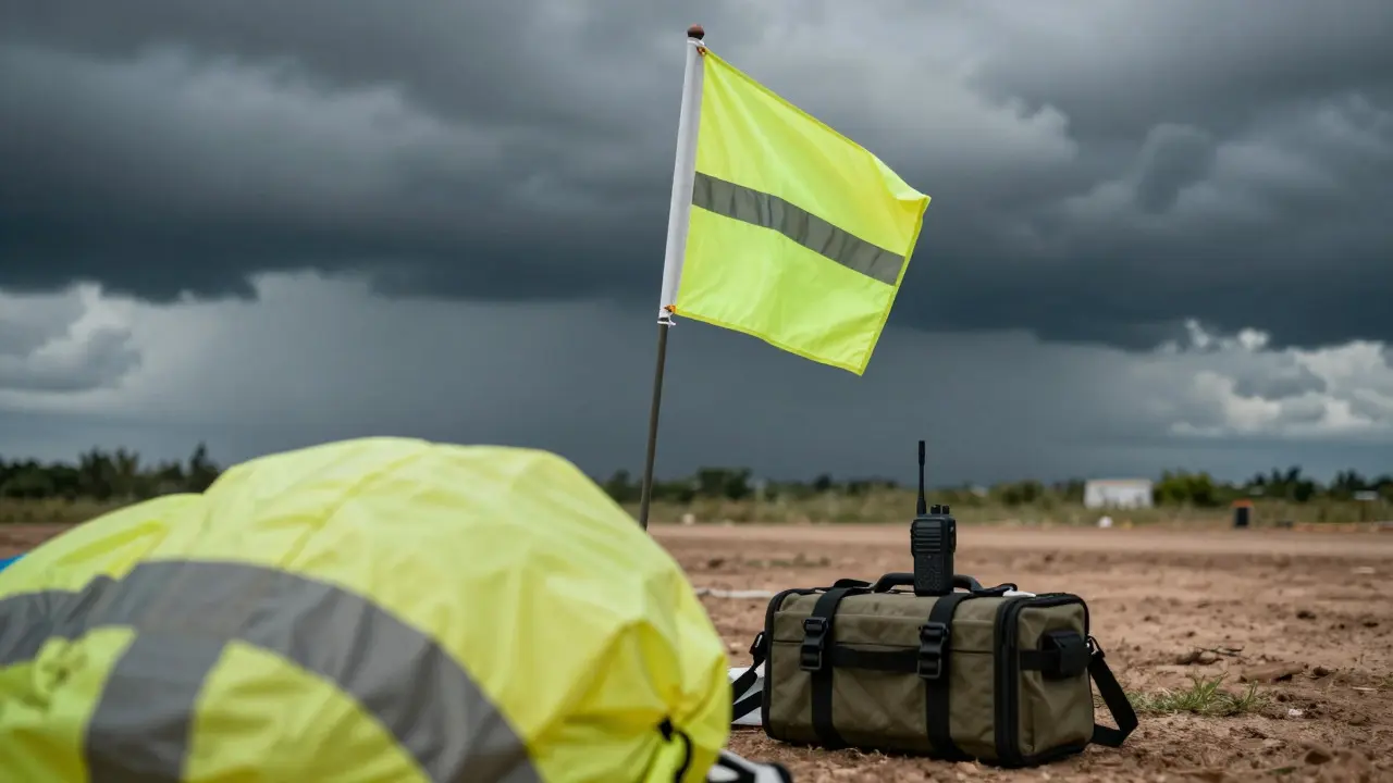 Safety flag and emergency gear at a kite launch site under stormy skies