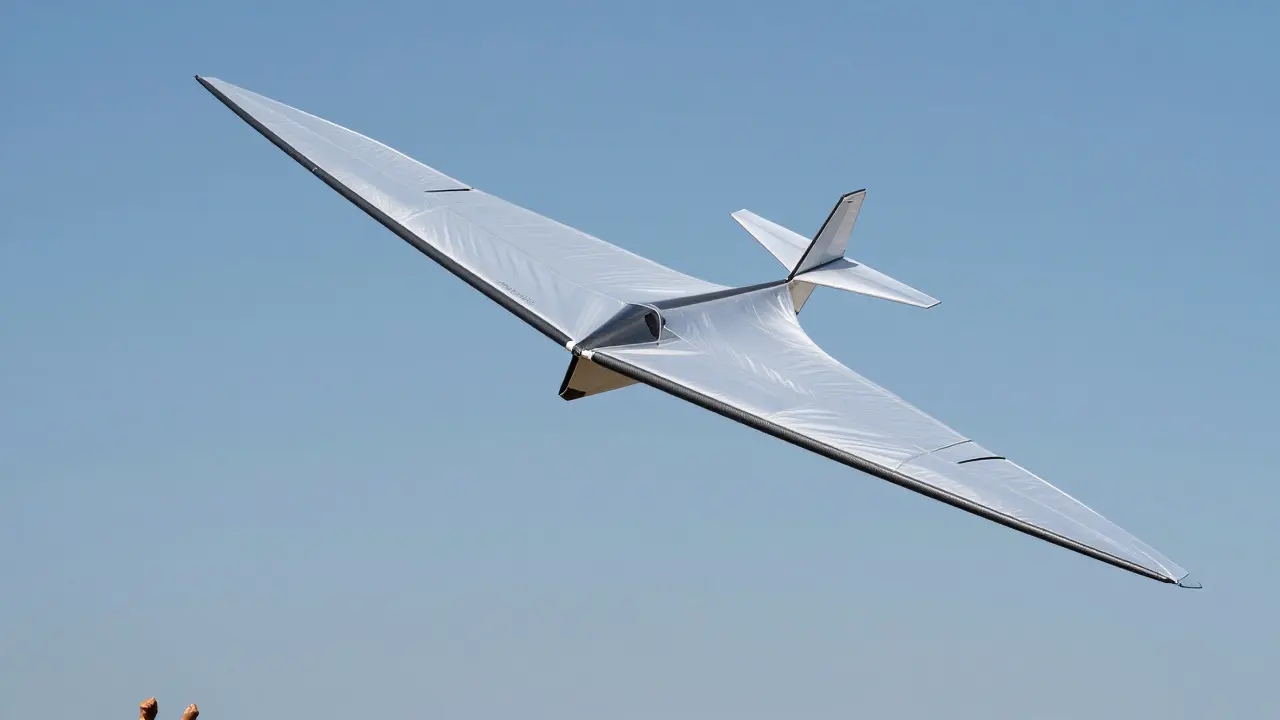 Sleek modern delta wing stunt kite made of carbon fiber and nylon hovering in a blue sky