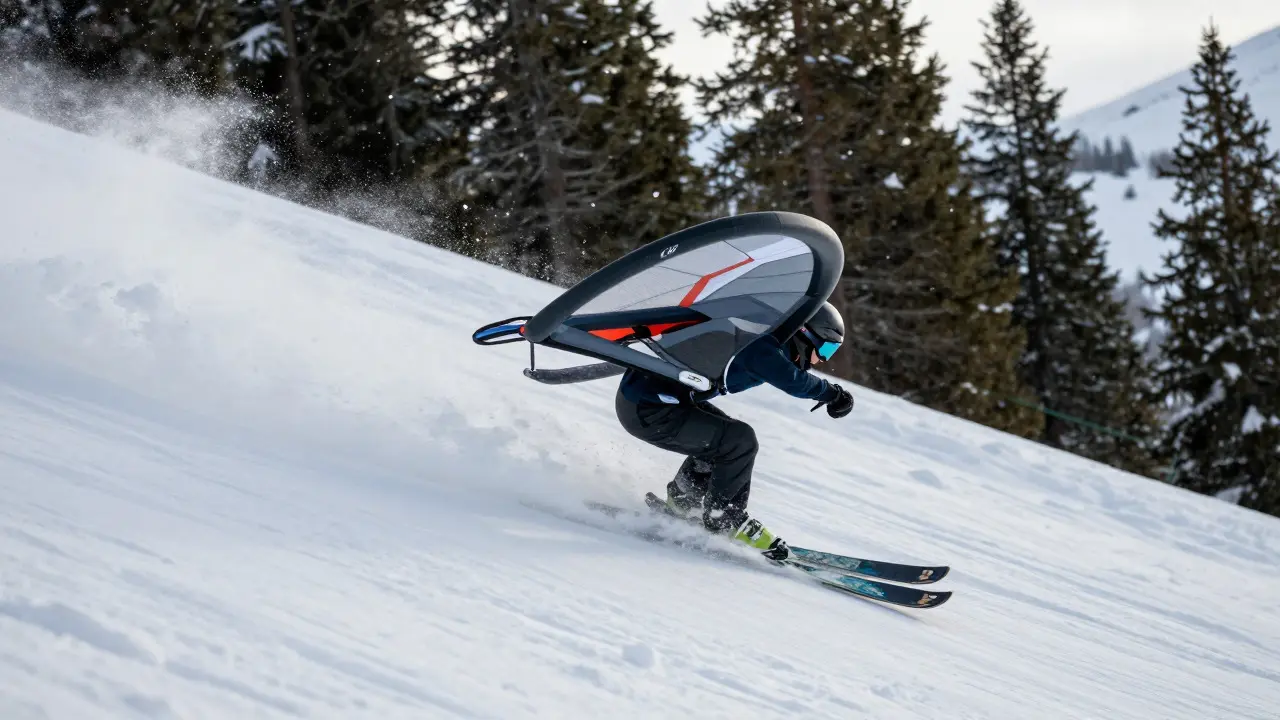 Speed rider skiing down a snowy slope with a small wing