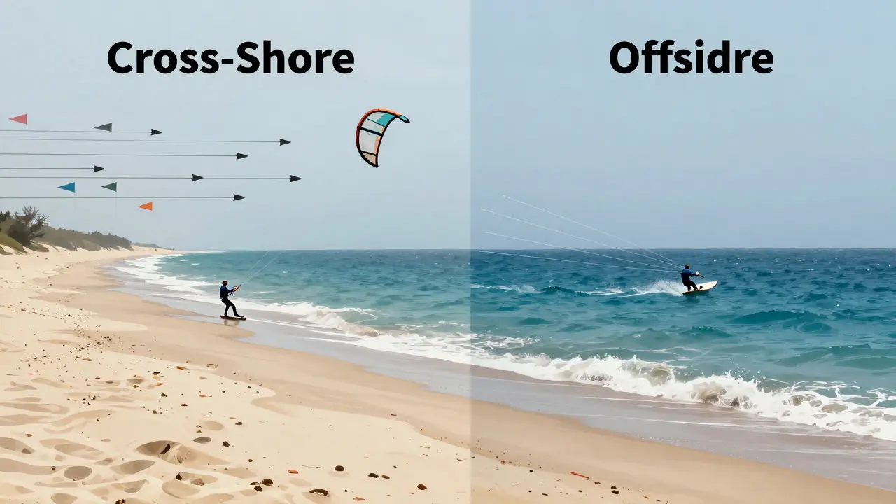 Split view comparing cross-shore and offshore wind directions for kiteboarding safety