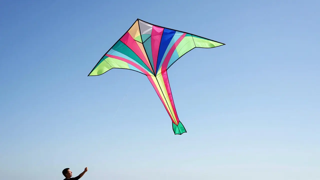 Stable single-line delta kite flying high in a clear blue sky over a beach
