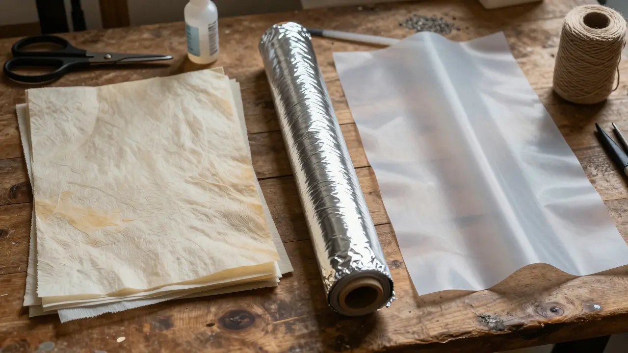 Still life of tissue paper, Mylar film, and plastic sheets arranged on a wooden table with kite-making tools