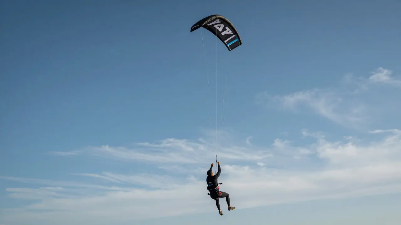 Stunt kite shooting vertically upward during the pop phase against a blue sky