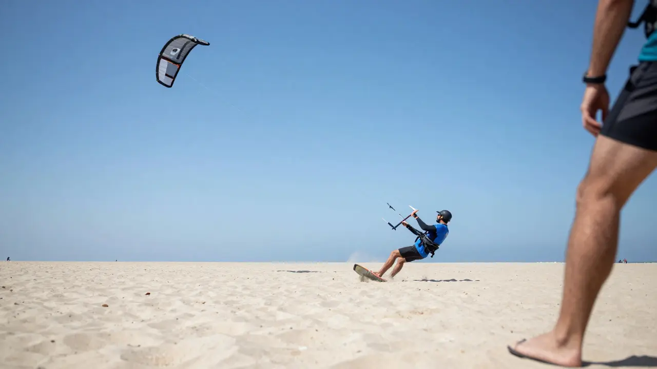 Stunt kiter on a beach with a visible black line against a blue sky