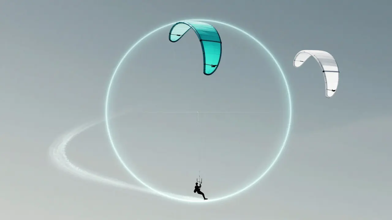 Stylized illustration of a sport kite tracing a perfect geometric circle in the sky