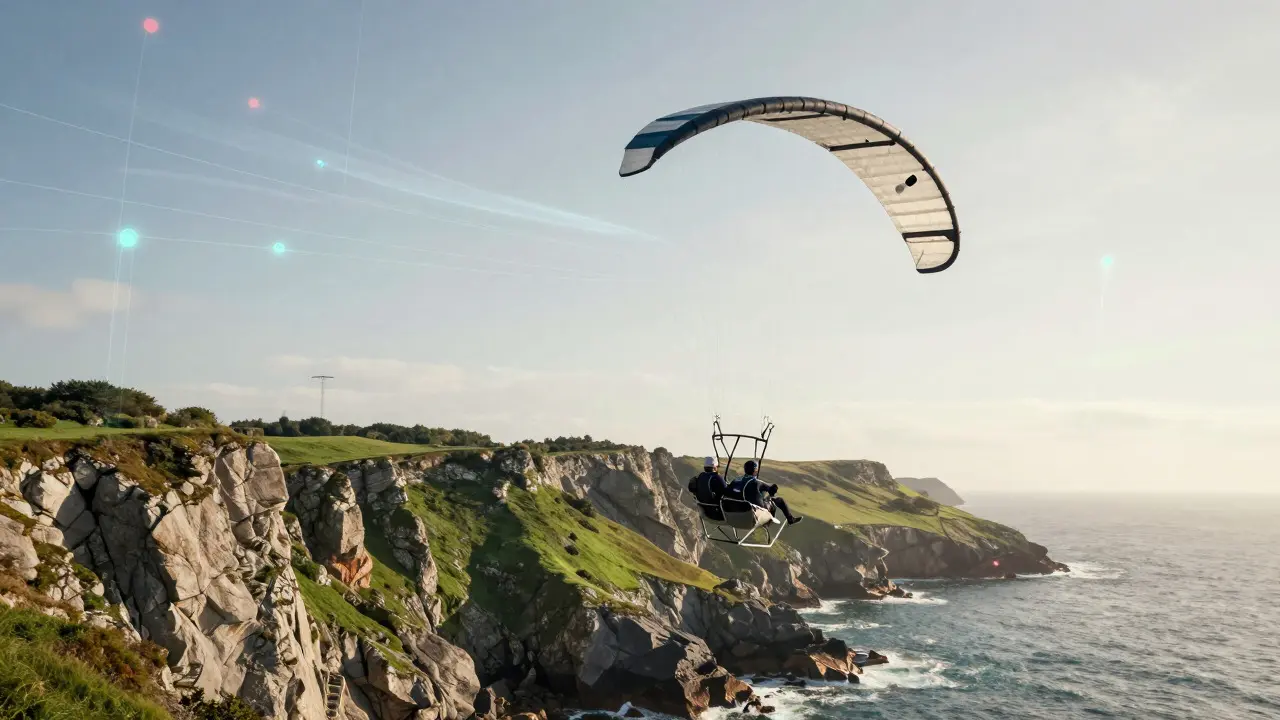 Tandem man-lifting kite flying over coastal cliffs with subtle AI data visualization