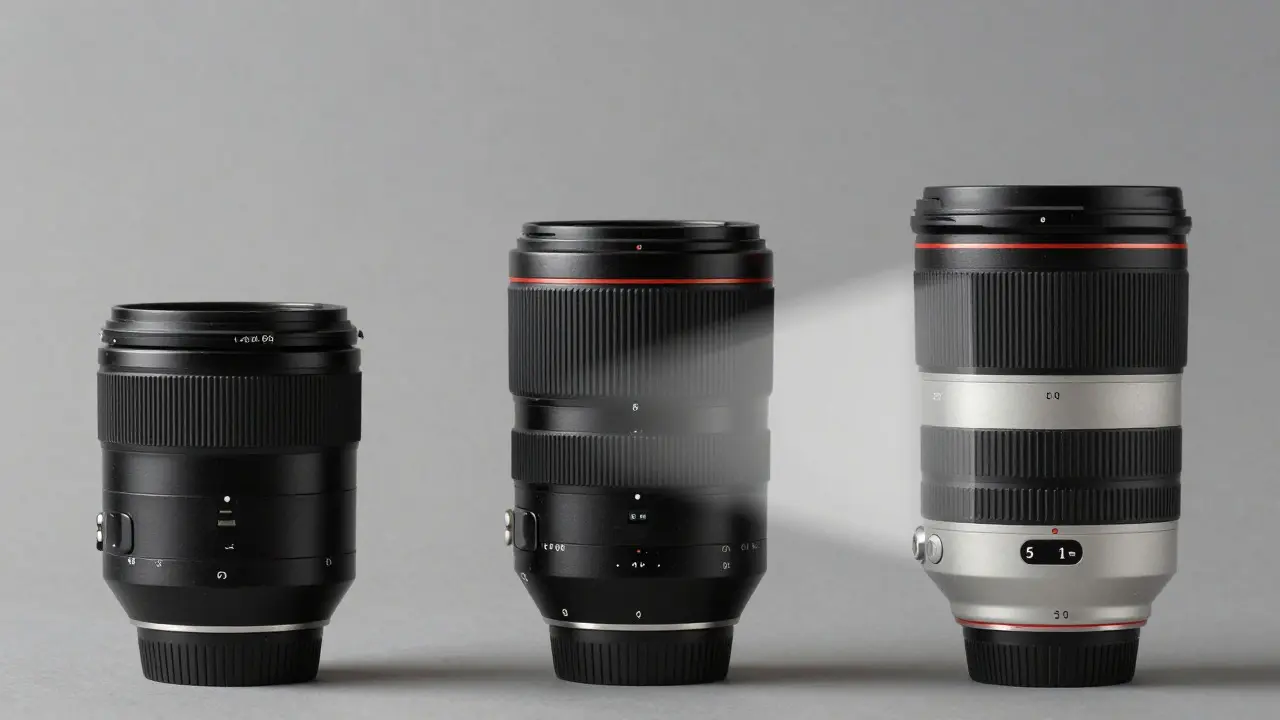 Three camera lenses displayed side-by-side showing varying sizes and types