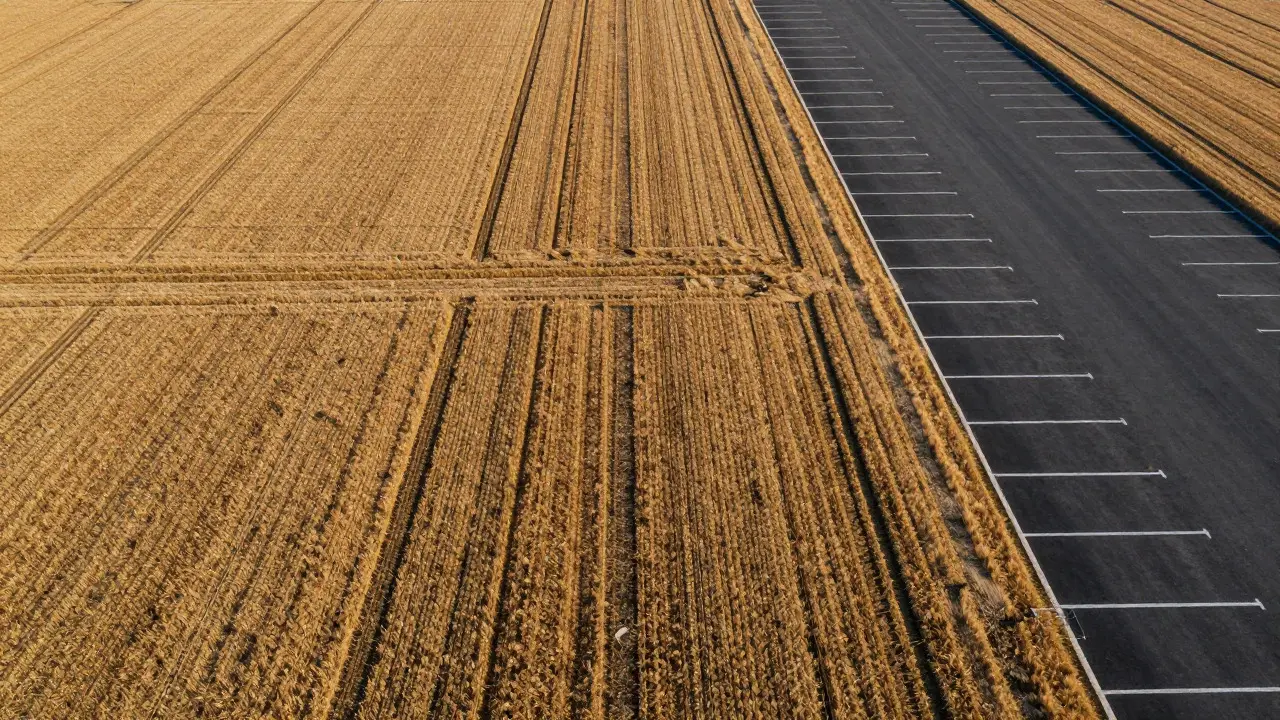 Top-down aerial view of a textured field pattern created by telephoto compression