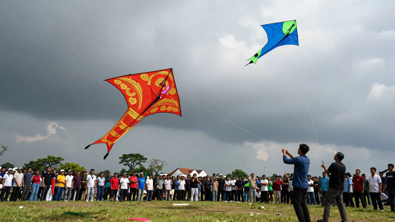 Two colorful kites diving at each other in mid-air combat over a crowded field