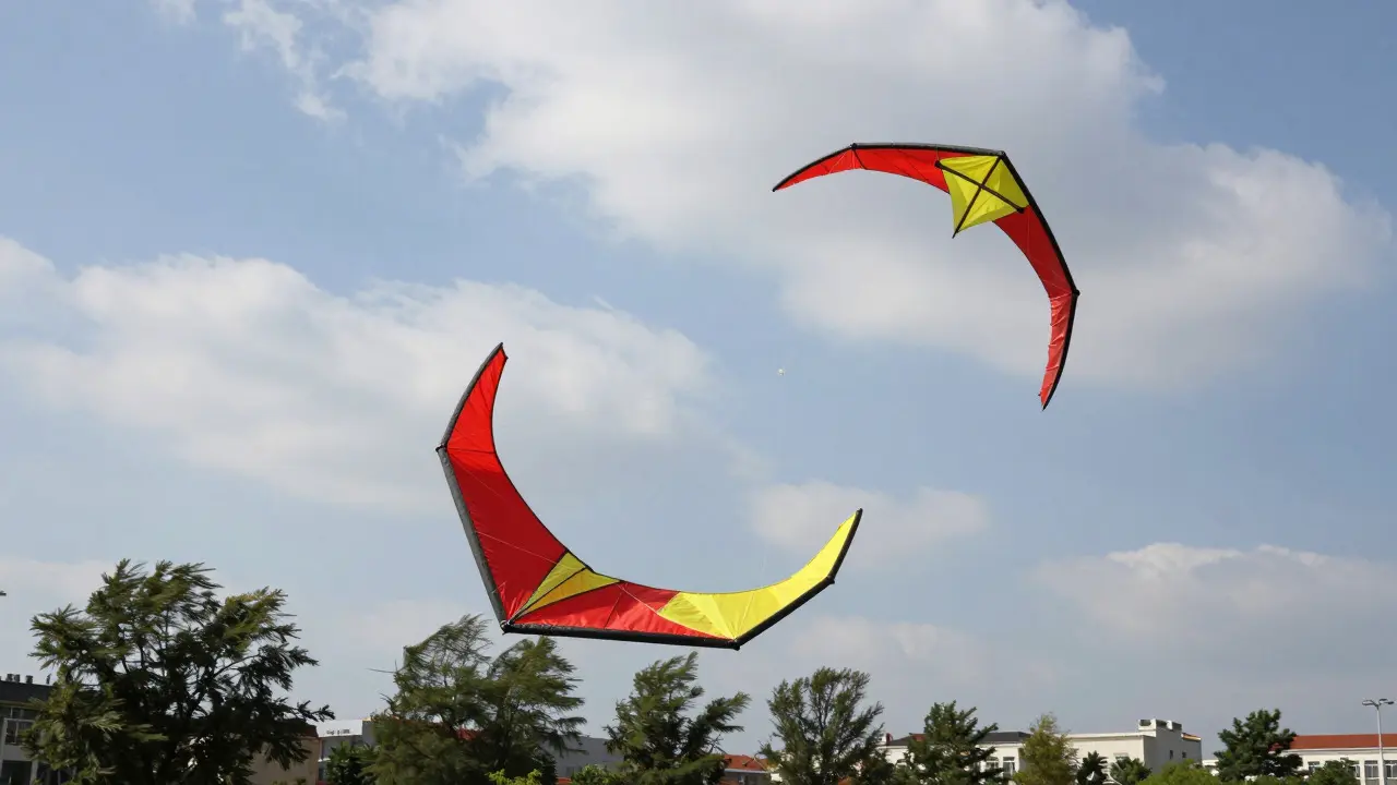 Two delta kites performing aggressive maneuvers during an aerial battle over a park