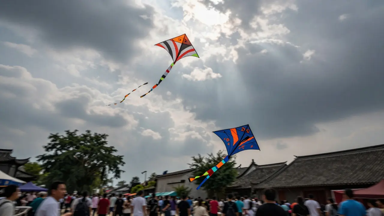 Two kites battling in the sky above a street with moving cloud shadows
