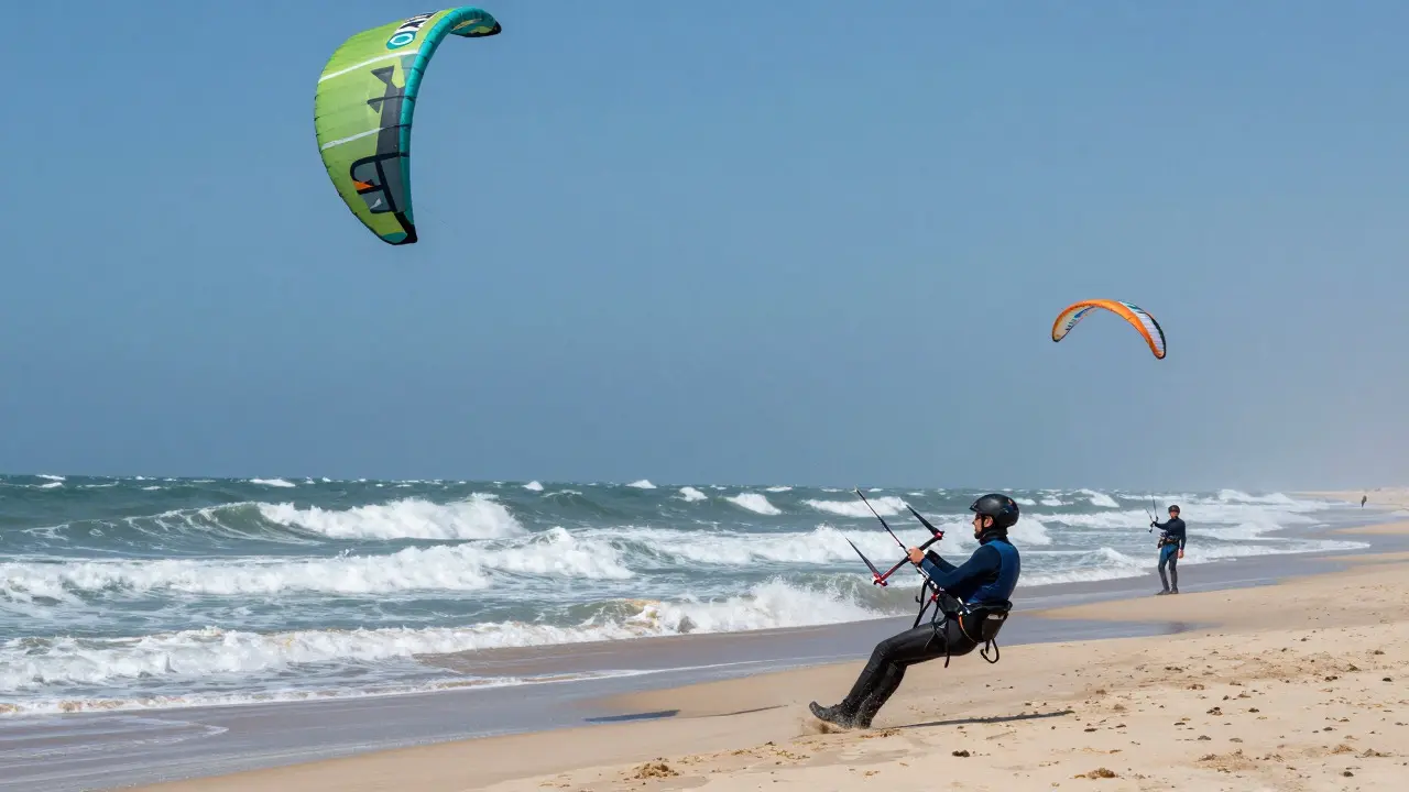 Two pilots flying a sled kite and a parafoil kite on a windy coastal beach