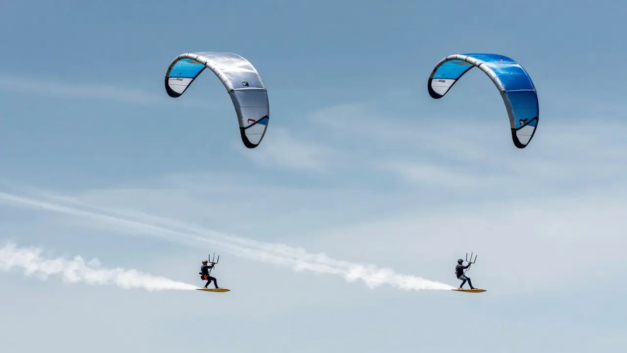 Two pilots flying synchronized high-performance kites in a stylized setting