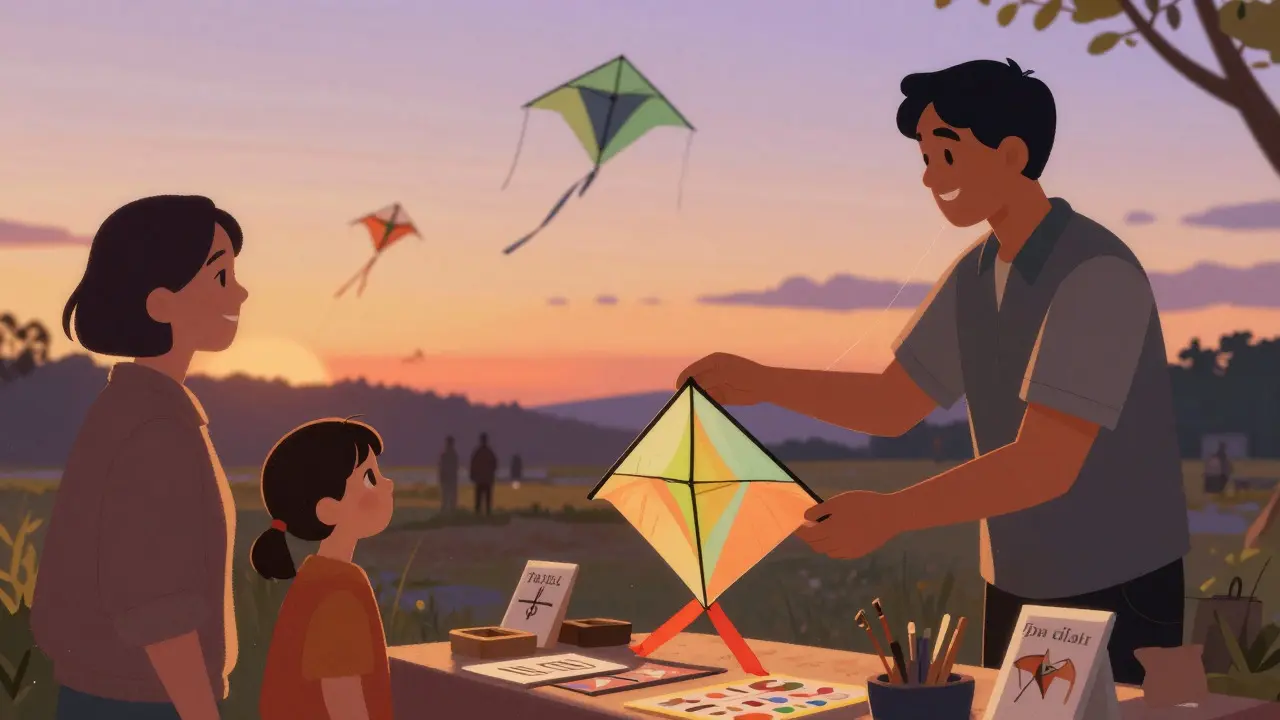 Vendor handing a kite kit to a customer at an outdoor festival booth