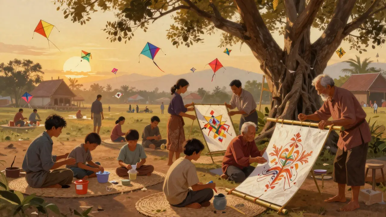 Villagers gathering under a tree to build and decorate traditional kites at sunset