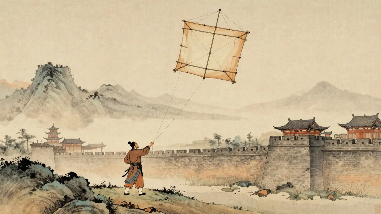 Vintage illustration of an ancient Chinese general using a kite for military ranging