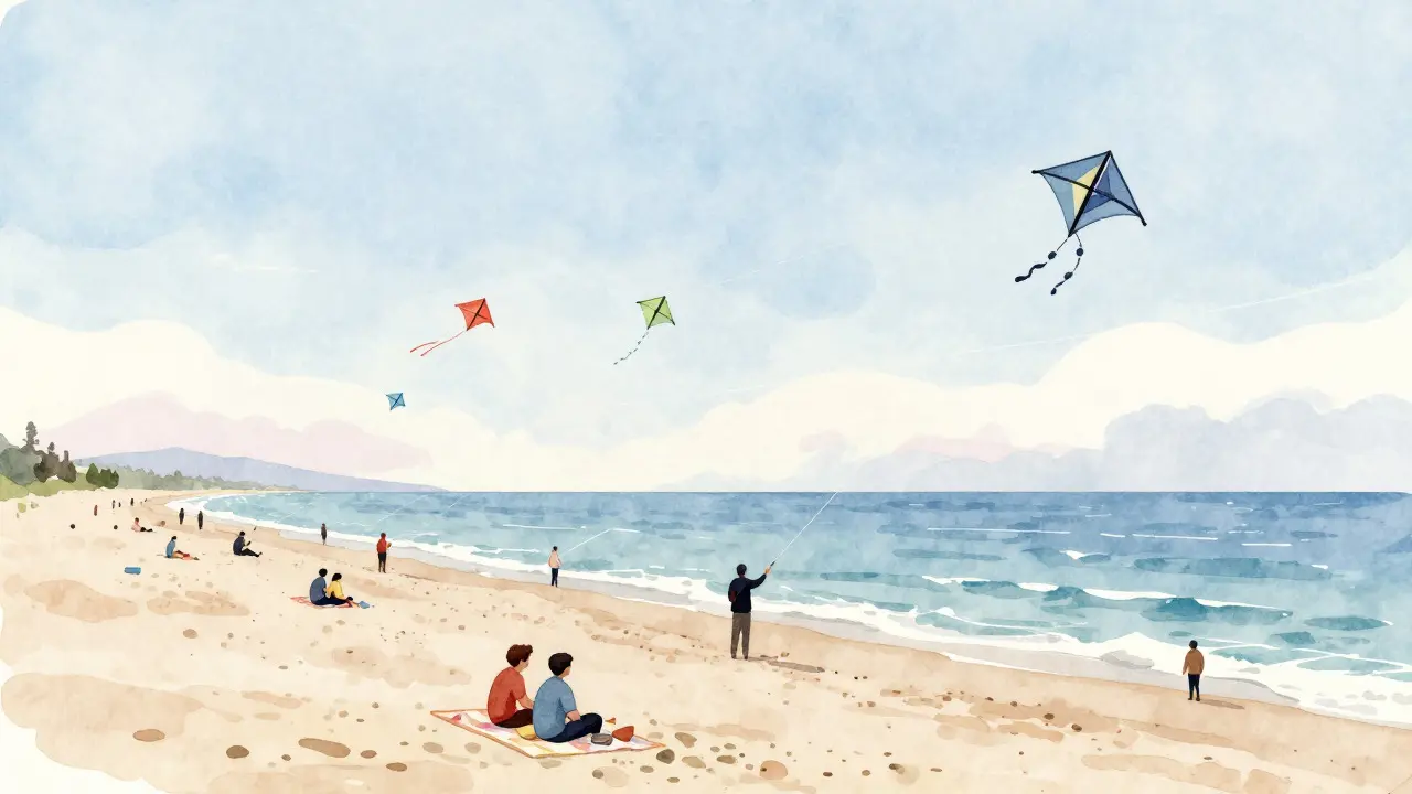 Watercolor art of kites flying over a calm beach with people relaxing on the sand
