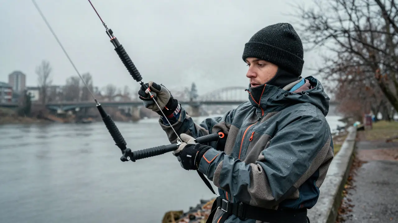 Winter kite flyer in layered waterproof gear dealing with cold rain and wind chill in Portland