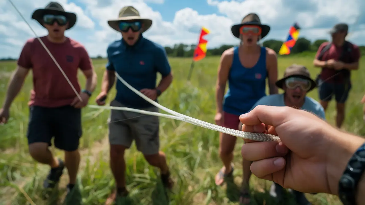 A high-speed snap-back of a kite line whips across the field as spectators in protective gear react to the danger.