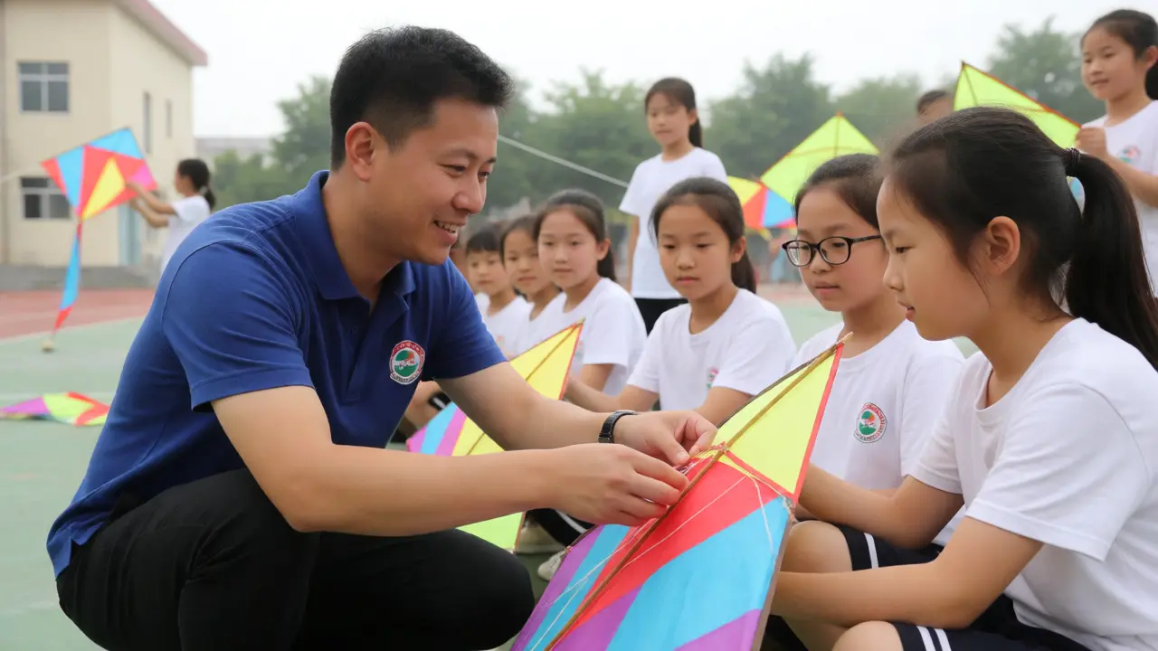A kite club mentor teaching a student how to prepare a kite at a school workshop.