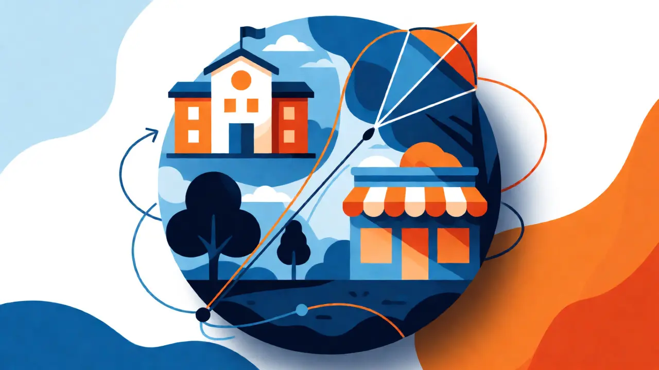 Abstract illustration connecting schools, parks, and businesses through kite string lines.