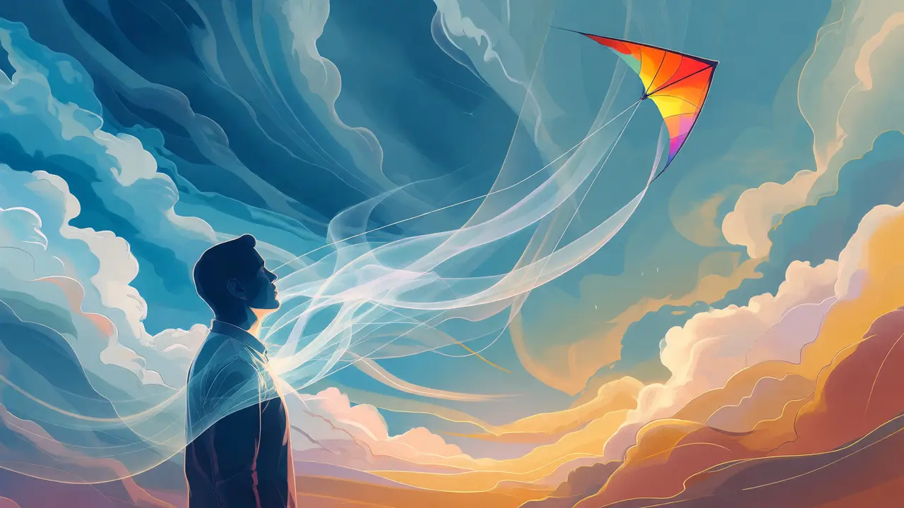 Abstract visualization of breathing rhythms syncing with a soaring kite