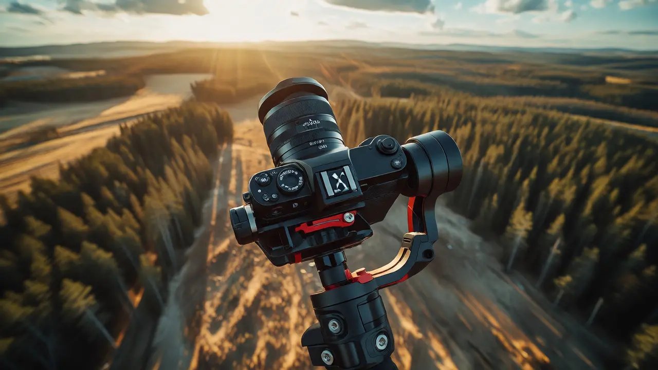 Aerial view of a mirrorless camera on a gimbal capturing a landscape during golden hour.