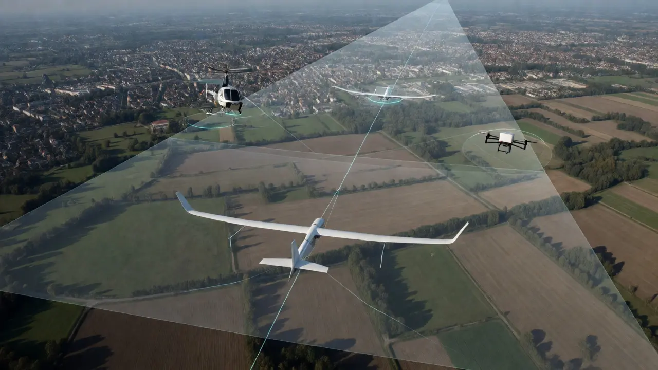 An aerial view of a tethered wind wing sharing low-altitude airspace with drones and helicopters.