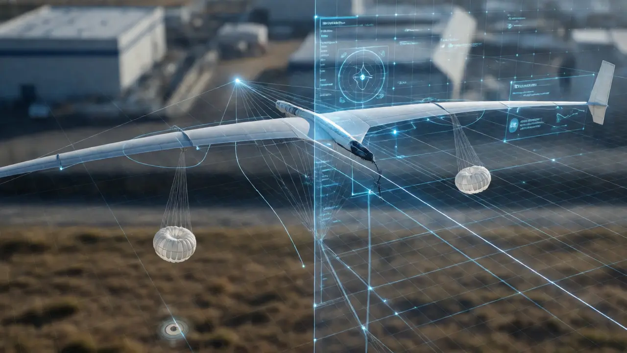 An airborne wind energy wing deploying parachutes for a safe descent, overlaid with digital safety data.