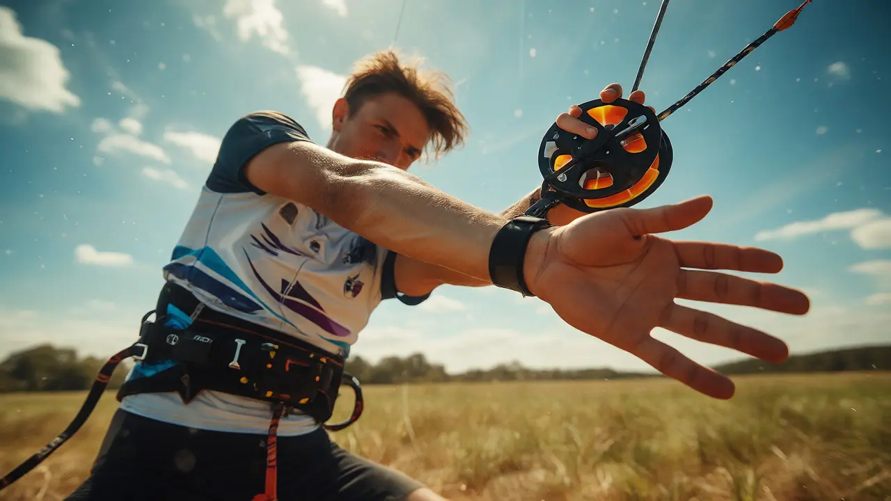 Athlete warming up wrists and arms with a kite reel
