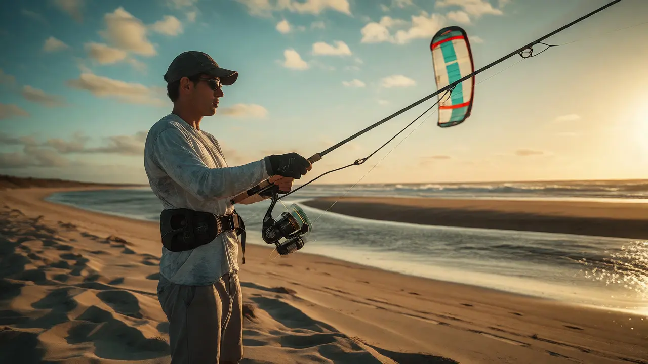 Beach angler managing kite fishing gear during golden hour with open ocean in background