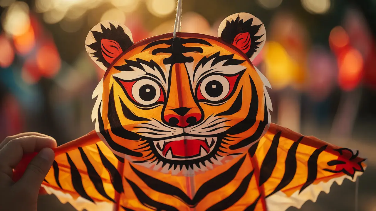 Close-up of a fierce orange tiger kite held by a child's hand