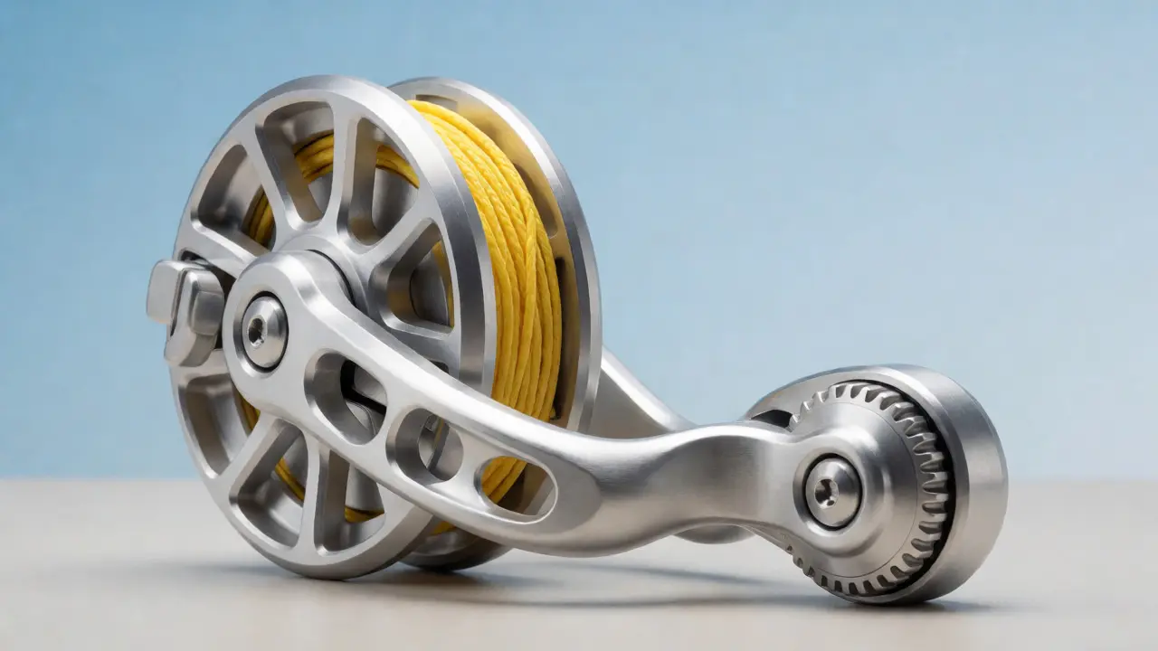 Close-up of an aluminum kite line winder with neat yellow line