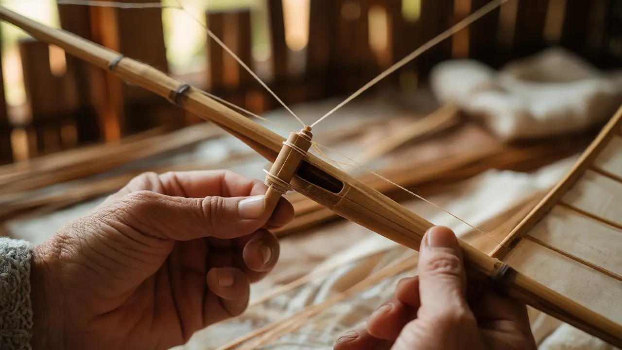 Close-up of bamboo bow and reed whistle on a Khleng Ek kite