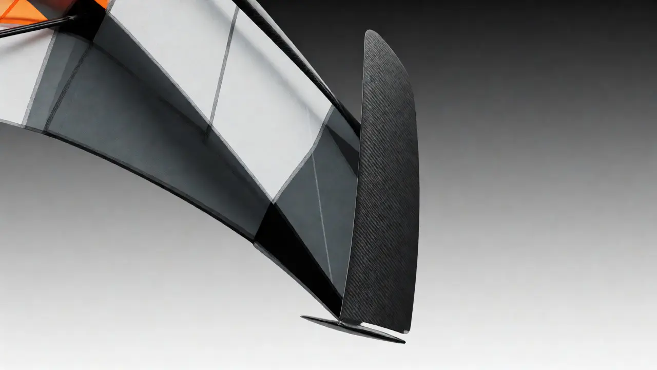 Close-up of carbon fiber winglets on a stunt kite reducing drag