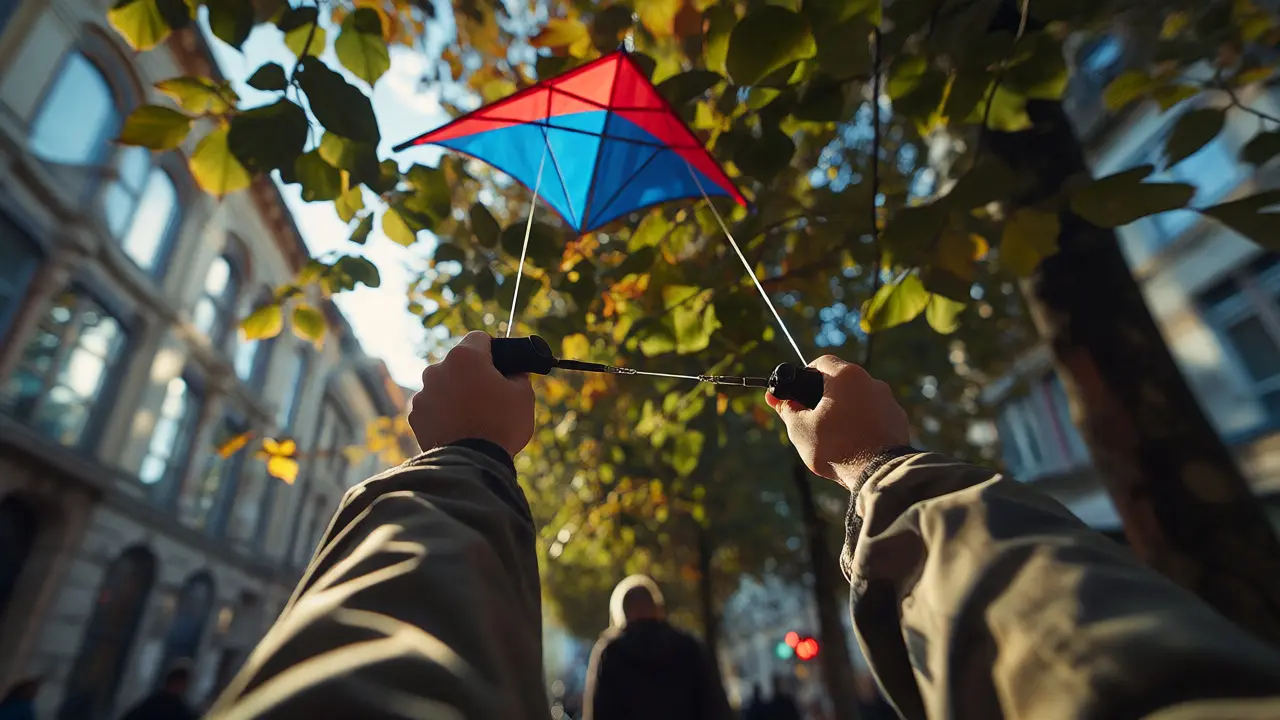 Close-up of hands steering a dual-line kite near tree branches